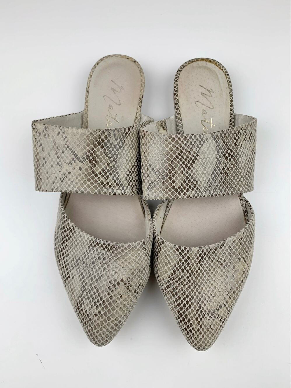 Matisse Berlin Flats Slip On Pointed Toe Grey Snakeskin Leather Mules Womens 7.5